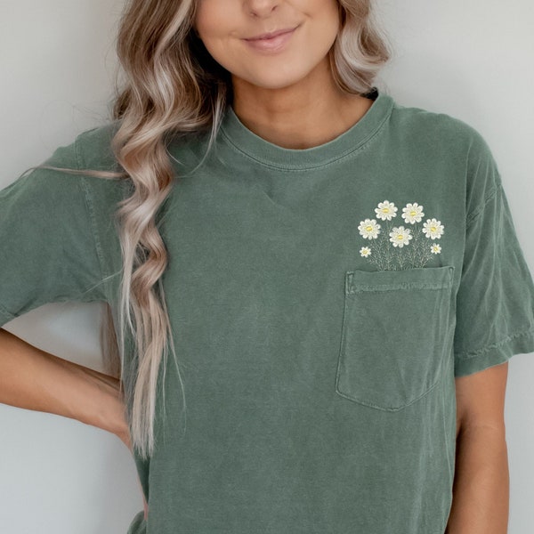 Embroidered Daisy Pocket Tshirt, Embroidered Flower Shirt, Inspirational Daisies Boho Shirt, Kindness Shirt and Spring Clothing