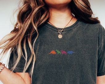 Embroidered Dinosaur Comfort Colors Tee, Dino Embroidered Ultra Soft Tee, Monochromatic TShirts