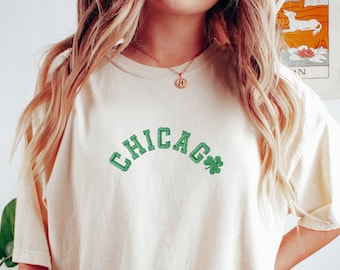 Embroidered Chicago Comfort Colors Tee, Irish Shirt, St. Patricks Day T-Shirt, Embroidered Tee, Embroidered Shirt Chicago Illinois