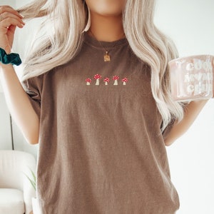 Embroidered Mushroom Comfort Colors Tee, Cute Summer Top, Embroidered Ultra Soft Tee, Monochromatic TShirts, Cottagecore Embroidery