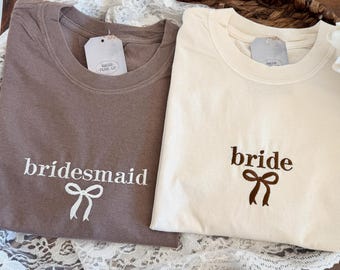 Embroidered Custom Bride Comfort Colors Tee, Custom Wedding Text Embroidered Ultra Soft Shirt, Engagement TShirts, Coquette Bride