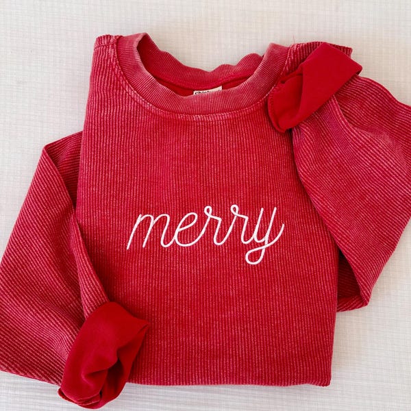 Embroidered Christmas Corded Sweatshirt, Varsity Crewneck, Merry Waffle Knit Crewneck, Extra Oversized