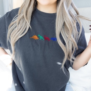 Embroidered Dinosaur Comfort Colors Tee, Dino Embroidered Ultra Soft Tee, Monochromatic TShirts