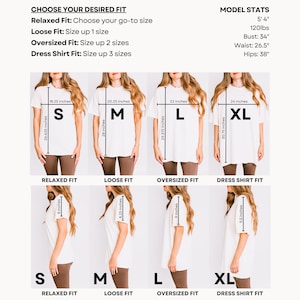 May include: A graphic showing different t-shirt fits: Relaxed, Loose, Oversized, and Dress Shirt. Each fit is modeled on a person, with measurements in inches. The model's stats are 5'4", 120lbs, 34" bust, 26.5" waist, and 38" hips.