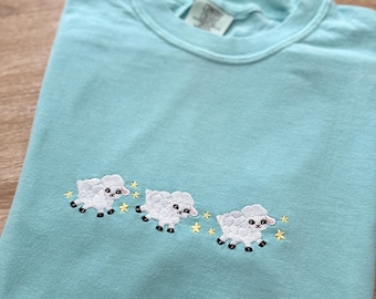 Embroidered Sheep Comfort Colors Tee, Custom Embroidered Ultra Soft Tee, Monochromatic Sheep Jumping Over the Moon TShirt, Farm Animals Tee