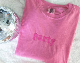 Embroidered Custom Comfort Colors Tee, Custom Your Text Embroidered Ultra Soft Tee, Retro Groovy TShirts