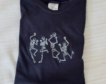 Embroidered Halloween Dancing Skeleton Colors Tee, Cute Halloween Cute Embroidered Ultra Soft Tee, Autumn Clothing