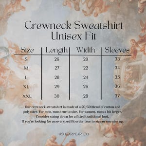May include: Size chart for a crewneck sweatshirt made of a 50/50 blend of cotton and polyester. The chart shows the length, width, and sleeve length in inches for sizes S, M, L, XL, and XXL.