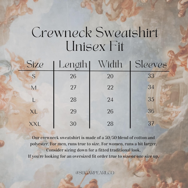 May include: Size chart for a crewneck sweatshirt made of a 50/50 blend of cotton and polyester. The chart shows the length, width, and sleeve length in inches for sizes S, M, L, XL, and XXL.