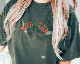 Embroidered Boston Comfort Colors Tee, Irish Shirt, St. Patricks Day T-Shirt, Embroidered Tee, Embroidered Shirt Boston Mass