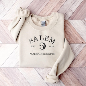 Embroidered Salem Massachusetts Sweatshirt, Halloween Embroidery Sweatshirt, Autumn Embroidered Sweater