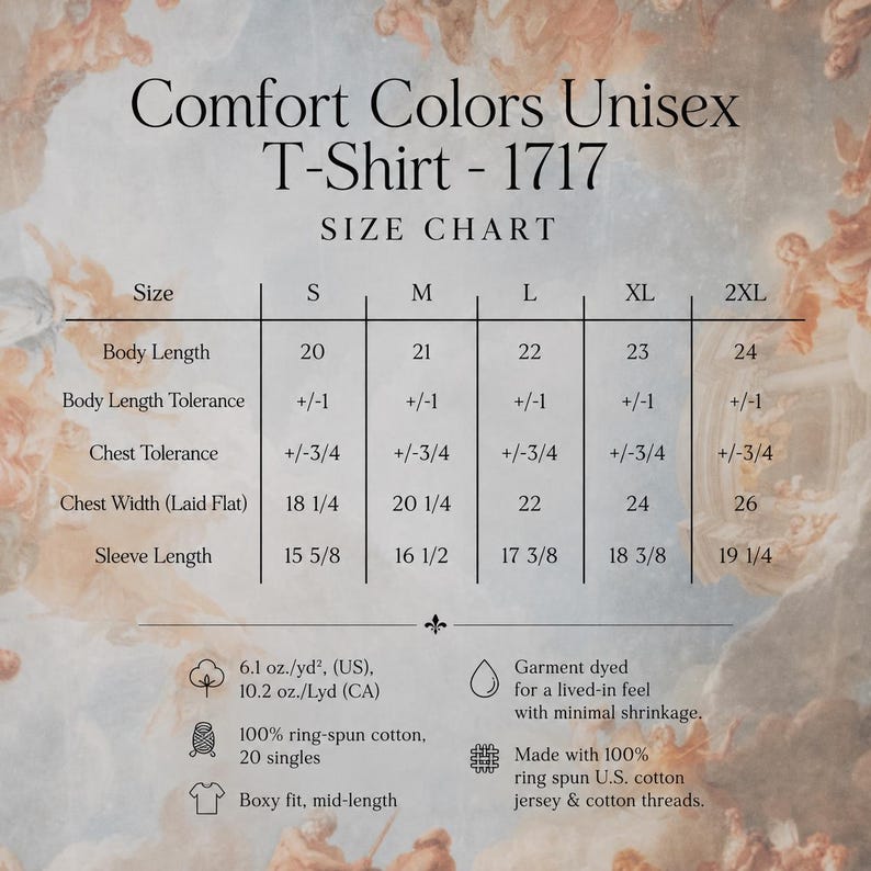 Puede incluir: Una tabla de tallas para la camiseta unisex Comfort Colors 1717, que muestra medidas de largo corporal, ancho de pecho y largo de manga en pulgadas para tallas de S a 2XL, junto con detalles de algod&oacute;n 100% hilado en anillo y acabado te&ntilde;ido.
