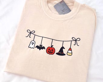 Camiseta bordada con lindos colores de Halloween, camiseta ultrasuave bordada para Halloween, ropa de otoño