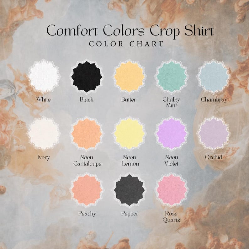 Puede incluir: Una carta de colores Comfort Colors Crop Shirt con trece muestras circulares con bordes blancos festoneados. Los colores incluyen blanco, negro, mantequilla, menta tiza, chambray, marfil, mel&oacute;n ne&oacute;n, lim&oacute;n ne&oacute;n, violeta ne&oacute;n, orqu&iacute;dea, melocot&oacute;n, pimienta y cuarzo rosa.