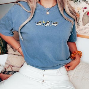 Embroidered Cow Comfort Colors Tee, Custom Embroidered Ultra Soft Tee, Monochromatic Cow Jumping Over the Moon TShirt, Farm Animals Tee