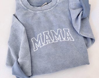 Embroidered Mama Corded Sweatshirt, Varsity Crewneck, Mother's Day Waffle Knit Crewneck, Extra Oversized