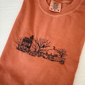 Embroidered Haunted House Comfort Colors Tee, Halloween Embroidered Ultra Soft Tee, Autumn Clothing
