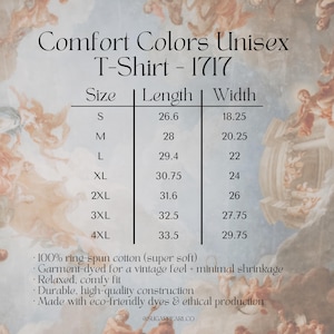 Puede incluir: Gr&aacute;fico de informaci&oacute;n del producto para una camiseta unisex Comfort Colors - 1717. La tabla muestra tallas de la S a la 4XL con medidas de largo y ancho en pulgadas. Detalles sobre el material, ajuste y construcci&oacute;n de la camiseta.