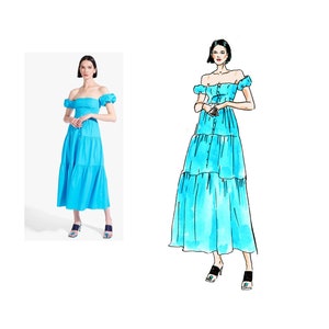 Op de afbeelding: Een handgetekende illustratie van een vrouw die een lichtblauwe off-shoulder jurk draagt met een gelaagde rok. De jurk heeft een aansluitend lijfje en korte pofmouwen.