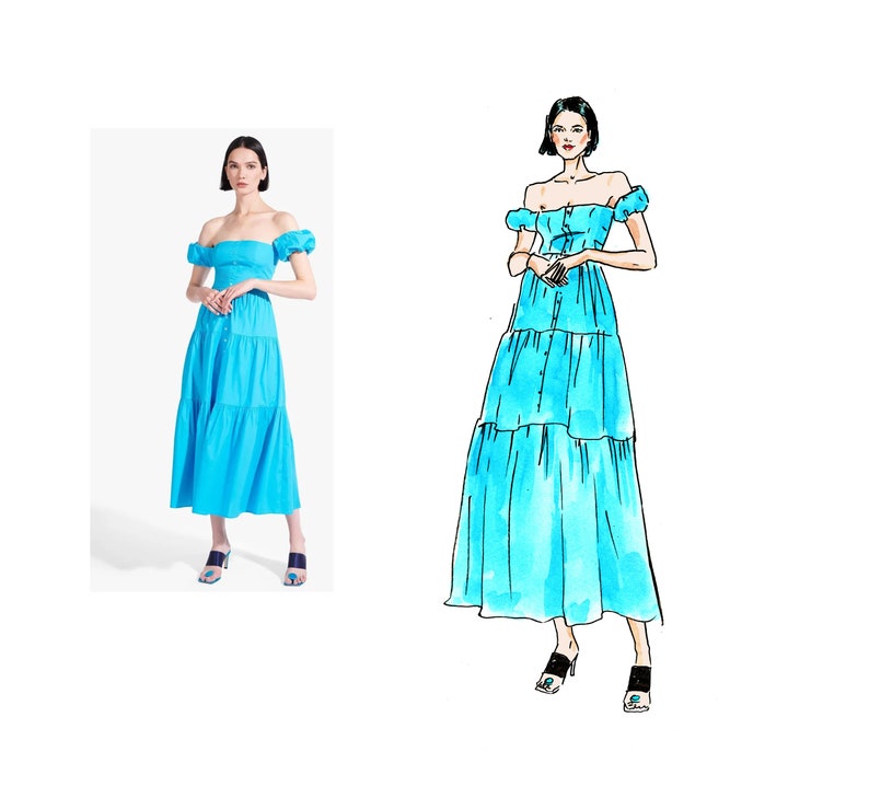 Op de afbeelding: Een handgetekende illustratie van een vrouw die een lichtblauwe off-shoulder jurk draagt met een gelaagde rok. De jurk heeft een aansluitend lijfje en korte pofmouwen.
