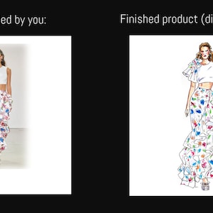 Op de afbeelding: Een digitale illustratie van een vrouw die een wit crop top en een lange, witte rok met een kleurrijke bloemenprint draagt. De rok heeft meerdere lagen ruches.