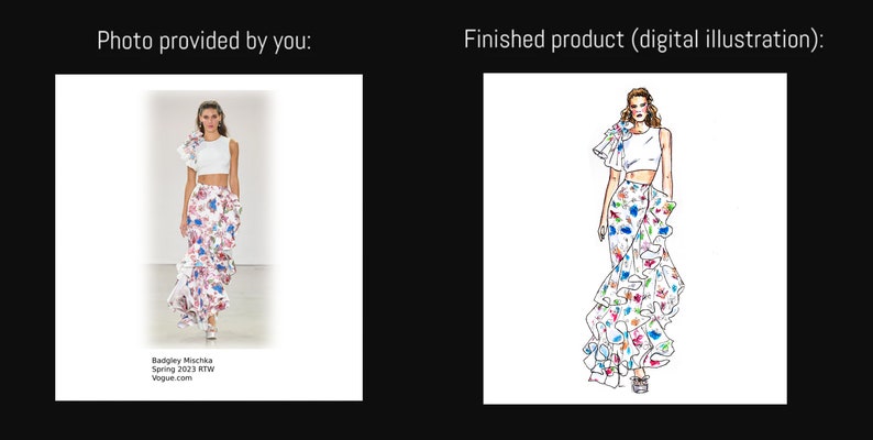 Op de afbeelding: Een digitale illustratie van een vrouw die een wit crop top en een lange, witte rok met een kleurrijke bloemenprint draagt. De rok heeft meerdere lagen ruches.