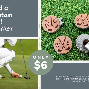 May include: Three personalized golf ball markers with wooden circles featuring crossed golf clubs and initials. The markers are on a green golf course. The text "ONLY $6" is in a green circle. The text "PLEASE ADD DESIRED INITIALS IN THE PERSONALIZATION BOX WHEN ORDERING." is at the bottom of the image.