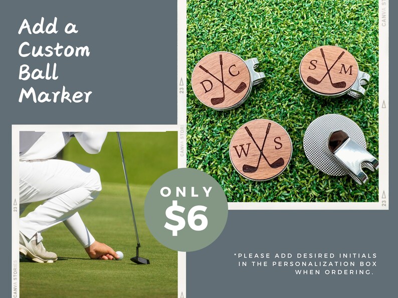May include: Three personalized golf ball markers with wooden circles featuring crossed golf clubs and initials. The markers are on a green golf course. The text "ONLY $6" is in a green circle. The text "PLEASE ADD DESIRED INITIALS IN THE PERSONALIZATION BOX WHEN ORDERING." is at the bottom of the image.