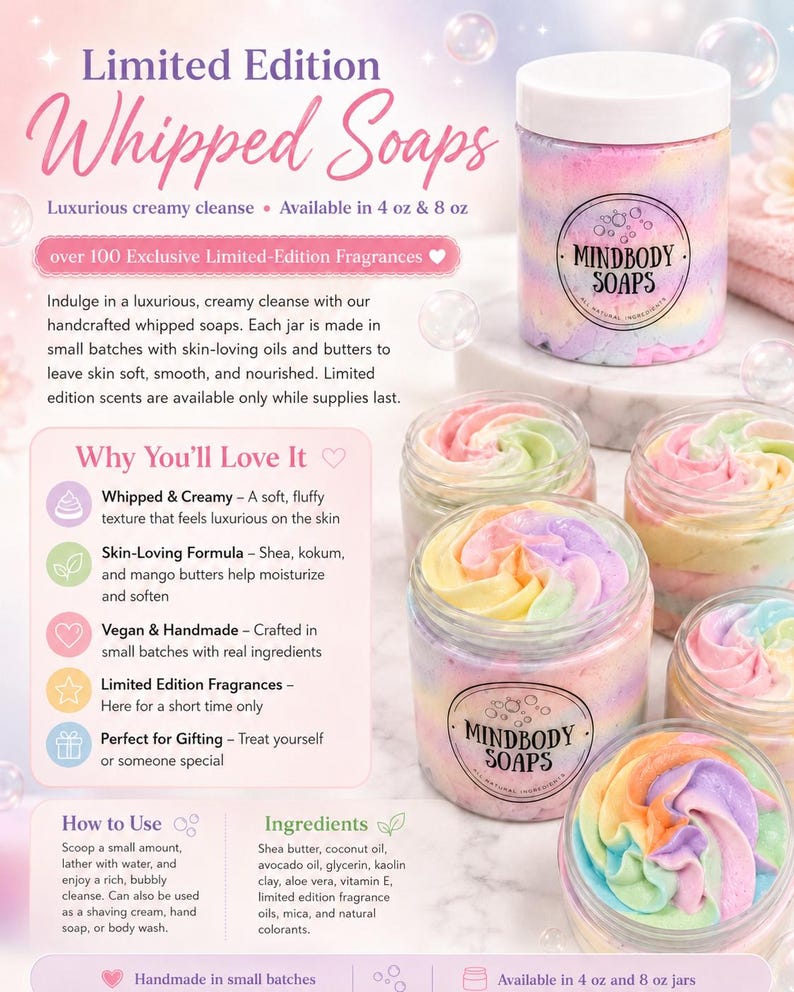 May include: A collection of clear plastic jars filled with pastel-colored whipped soap. Each jar features a circular label with the text Mindbody Soaps. The product is available in 4 oz and 8 oz sizes. The soap has a swirled, fluffy texture.