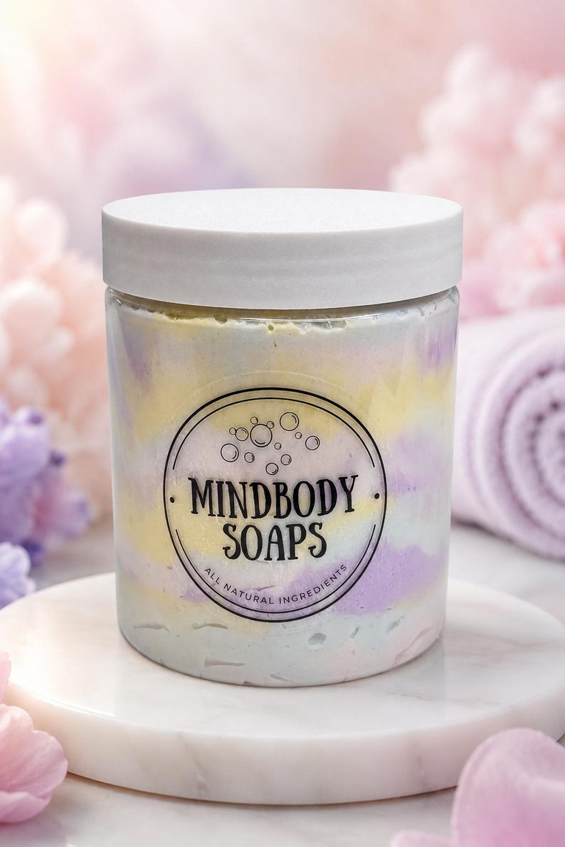 May include: A clear plastic jar filled with swirled pastel yellow, purple, and white cream soap. The jar has a white screw-top lid and a circular label featuring the text MINDBODY SOAPS and ALL NATURAL INGREDIENTS with a bubble graphic.