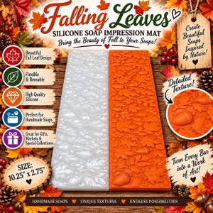 May include: Two rectangular silicone soap impression mats, one translucent white and one orange, featuring a detailed embossed pattern of autumn leaves and acorns. The mats measure 10.25 inches by 2.75 inches and are designed for soap making.