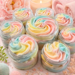May include: A collection of clear plastic jars filled with pastel-colored whipped body butter. Each jar features a swirl of pink, yellow, and blue cream piped to resemble frosting. The jars are arranged in a group, showcasing the textured, airy consistency of the product inside.