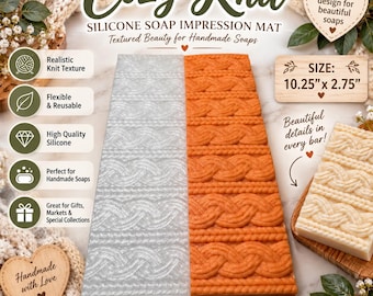May include: A rectangular silicone soap impression mat featuring a raised cable knit texture. The mat is split into a silver side and an orange side, measuring 10.25 inches by 2.75 inches. It is designed to imprint a knit pattern onto soap bars.