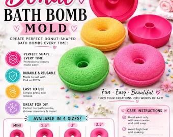 Donut Bath Bomb Mold | 3 Piece Bath Bomb Press Mold | 2” 2.5” 3” 3.5” Sizes | PLA PETG 3D Printed Bath Bomb Mold