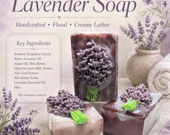 May include: Three rectangular bars of lavender soap with a purple and white marbled base, topped with a molded purple lavender sprig with green stems. The text reads Lavender Soap, Handcrafted, Floral, Creamy Lather, and Key Ingredients.