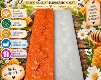 May include: Two rectangular silicone soap impression mats, one orange and one translucent white, featuring a raised honeycomb and bee pattern. The mats measure 10.25 inches by 2.75 inches. The text Honeycomb & Bees Silicone Soap Impression Mat is visible.
