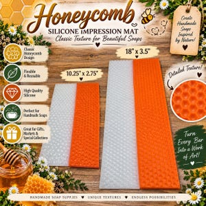 May include: Two rectangular silicone impression mats with a honeycomb texture, one clear and one orange. The smaller mat measures 10.25 inches by 2.75 inches, and the larger mat measures 18 inches by 3.5 inches. Text includes Honeycomb Silicone Impression Mat.