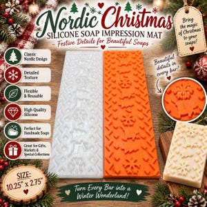 May include: Two rectangular silicone soap impression mats, one white and one orange, featuring a Nordic pattern of snowflakes, reindeer, and trees. The mats measure 10.25 inches by 2.75 inches. A sample soap bar with the same embossed design is shown.