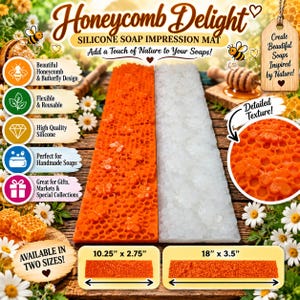 May include: A rectangular silicone soap impression mat featuring a honeycomb and butterfly pattern. The mat is available in two sizes: 10.25 inches by 2.75 inches and 18 inches by 3.5 inches. The mat is shown in both orange and translucent white colors.