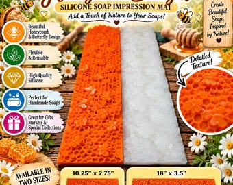 May include: A rectangular silicone soap impression mat featuring a honeycomb and butterfly pattern. The mat is available in two sizes: 10.25 inches by 2.75 inches and 18 inches by 3.5 inches. The mat is shown in both orange and translucent white colors.