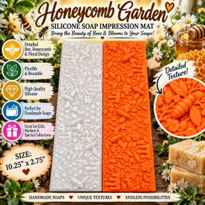 May include: Two rectangular silicone soap impression mats, one white and one orange, featuring a raised pattern of bees, honeycomb, and floral elements. The mats measure 10.25 inches by 2.75 inches and are designed for creating textured soap designs.