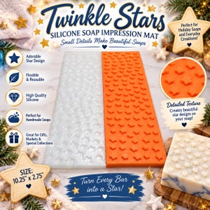 May include: A rectangular silicone soap impression mat featuring a repeating star pattern. The mat is shown in two colors, translucent white and orange, with a size of 10.25 inches by 2.75 inches. It is designed to create detailed star textures on soap bars.