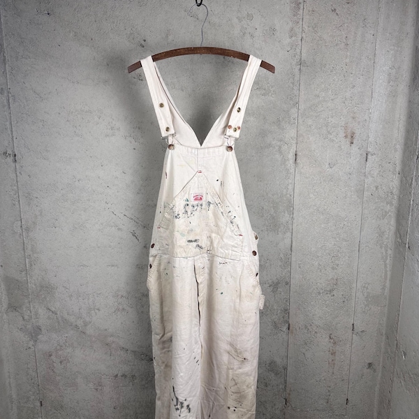 Vintage 80s Powerhouse  All Cotton White Paint Splatter Classic AmericanUtility Carpenter Overall Bibs 44x30