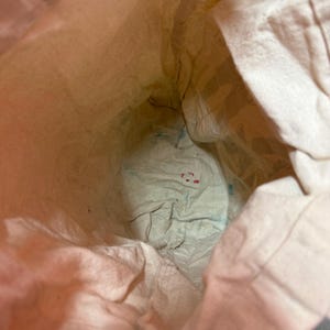 May include: An inside view of a beige canvas bag. The bag's interior is visible, showing the texture of the fabric. The bottom of the bag has some blue and red markings.
