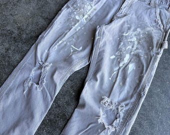 Carhartt Distressed Thrashed Paint Splatter Beige Heavy Cotton Canvas Utility Workwear Carpenter Pant 32x29.5