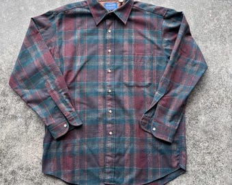 Vintage 90s Pendleton Cozy Red & Green Tones Rustic Western Wool Flannel Button Up Shirt Large