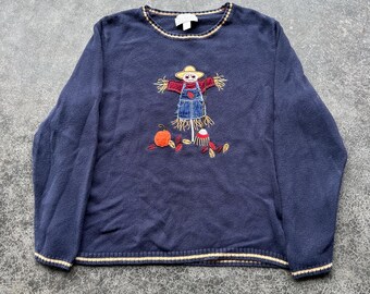 Vintage 90s C.J. Banks Brand Navy Blue Hand Embroidered Scarecrow Festive Autumn Chic Pullover Sweater XL