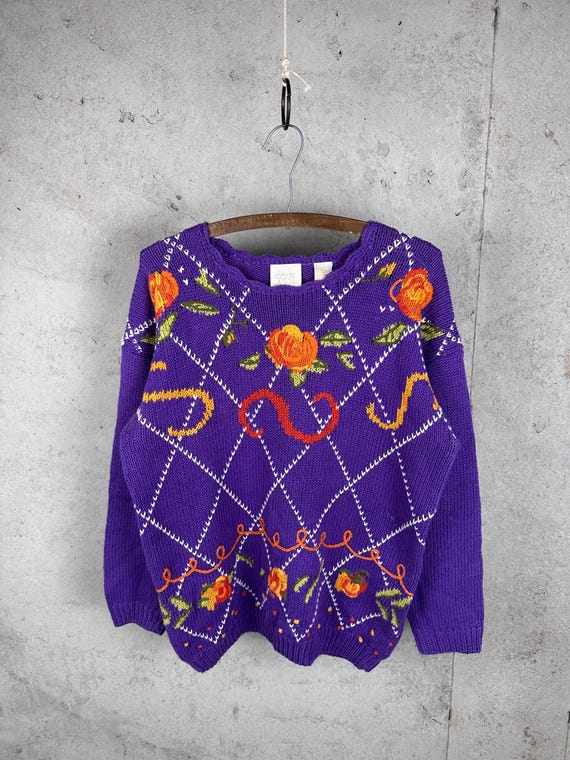 Needles, Vintage 90s Needles & Yarn Purple Cotton Blend Floral Argyle Pattern Picture Knit Sweater Small