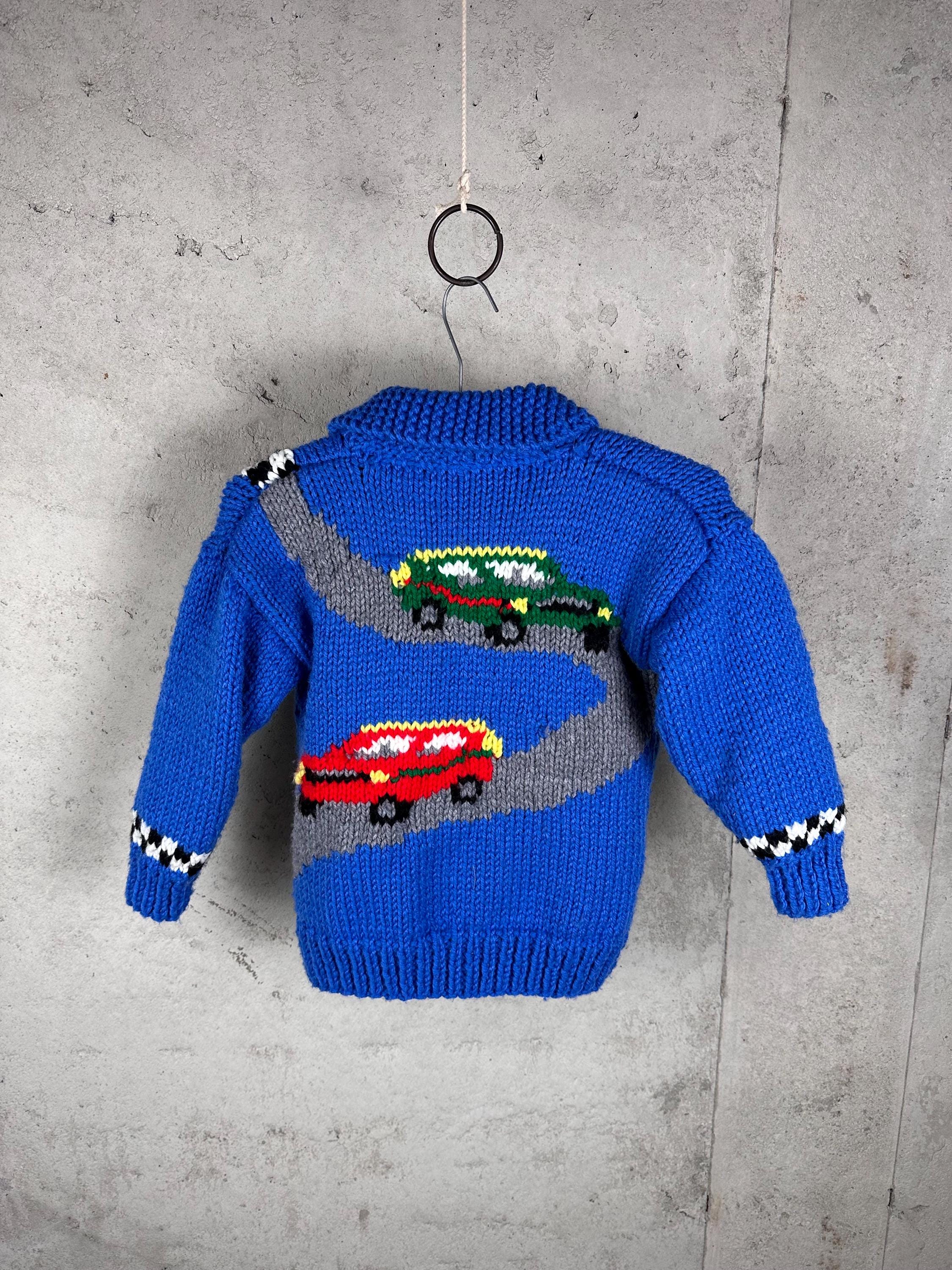 Vintage 70s Homemade Royal Blue Chunky Pure Wool Racer Racecar Picture Knit Rustic Cozy Cowichan Sweater