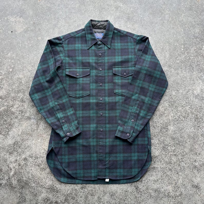Vintage 80s Pendleton Forest Green Rustic Western Wool Flannel Button Up Shirt Medium image 1